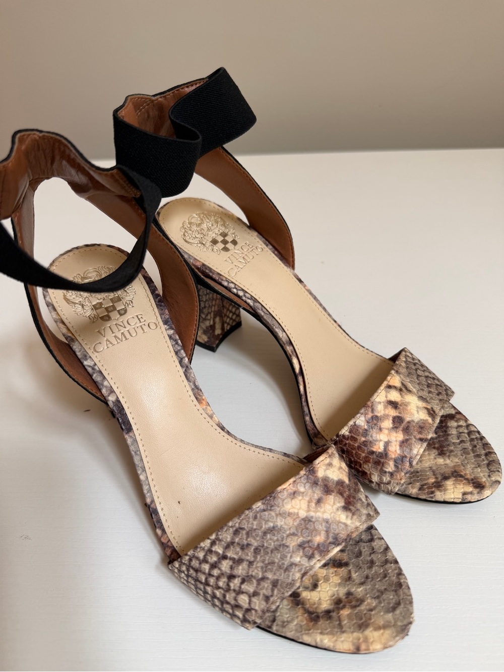 Vince Camuto Black Ankle-Strap Snakeskin Block Heels